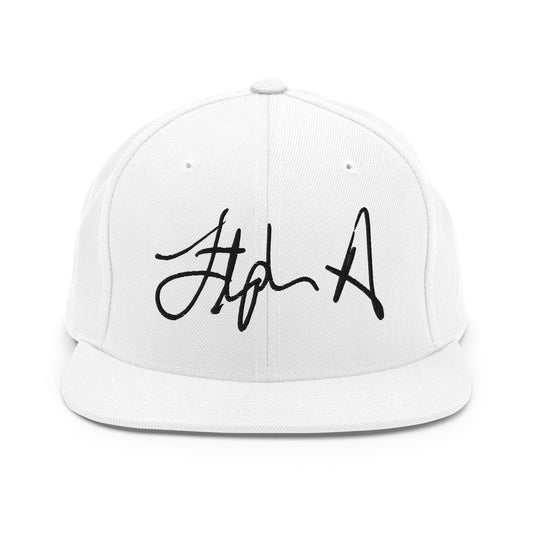 A white structured snapback cap with a black embroidered script logo on the front, shown against a plain white background. Stephen Allen Music