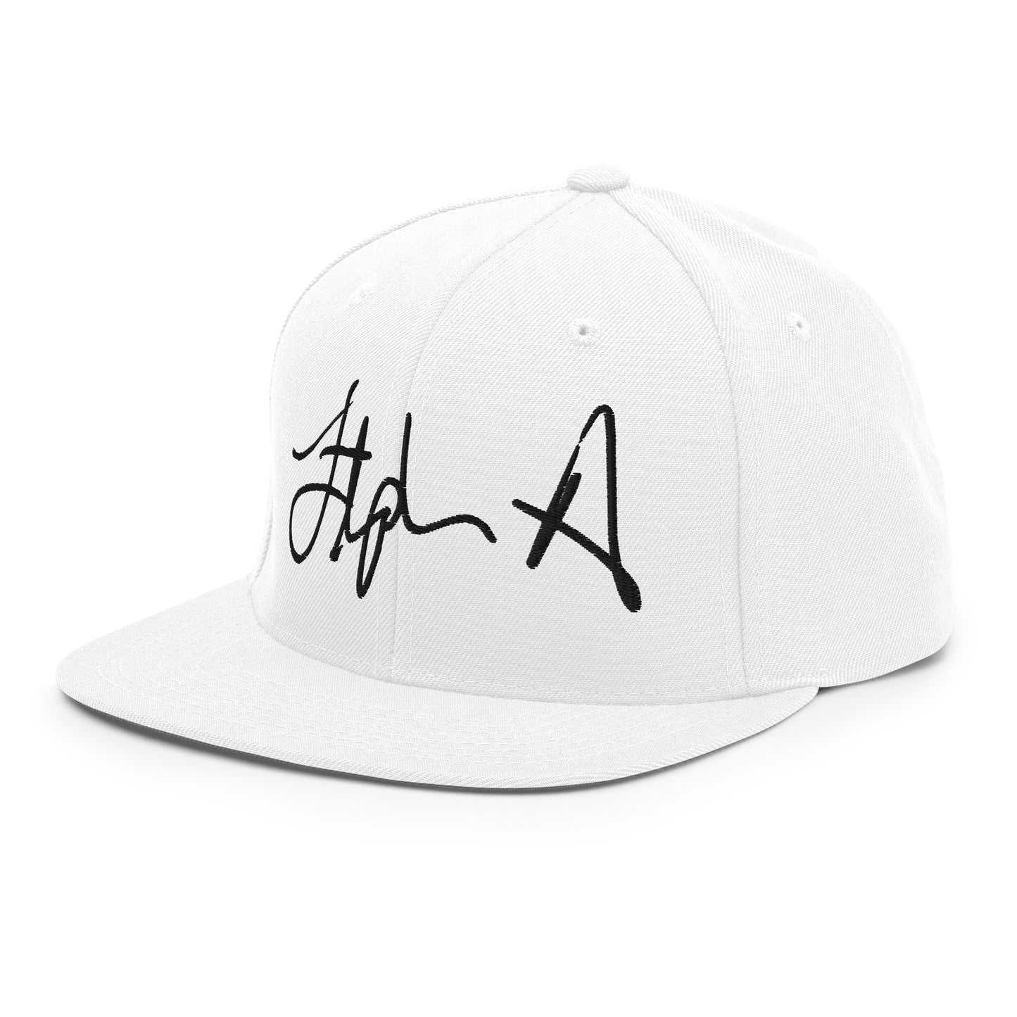 A white structured snapback cap with a black embroidered script logo on the front, shown against a plain white background. Stephen Allen Music