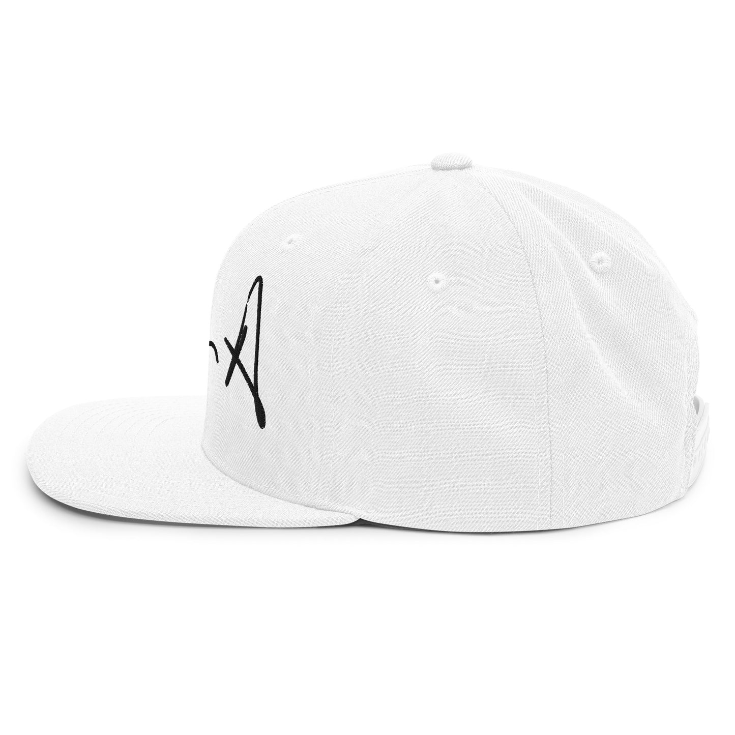 A white structured snapback cap with a black embroidered script logo on the front, shown against a plain white background. Stephen Allen Music