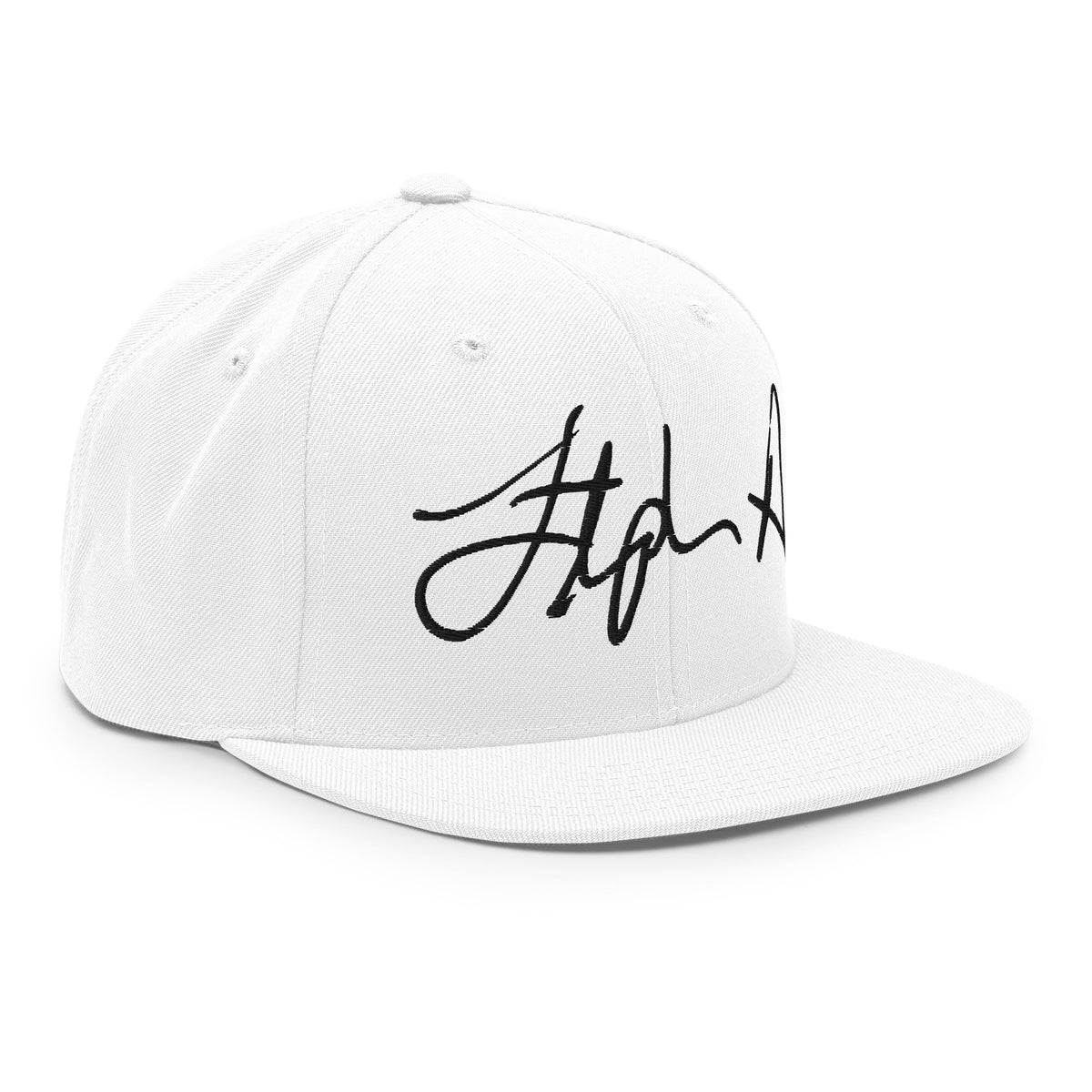 A white structured snapback cap with a black embroidered script logo on the front, shown against a plain white background. Stephen Allen Music