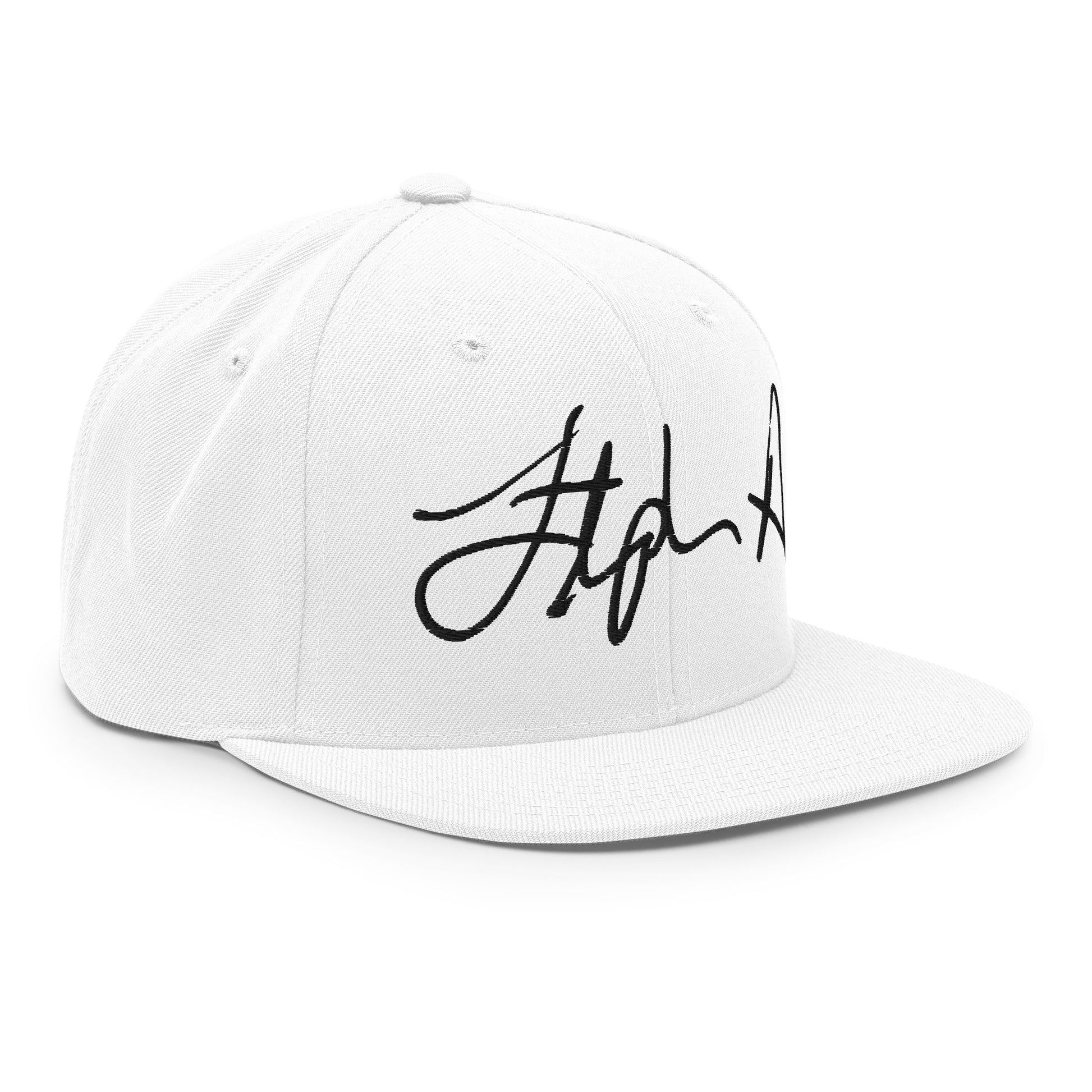 A white structured snapback cap with a black embroidered script logo on the front, shown against a plain white background. Stephen Allen Music