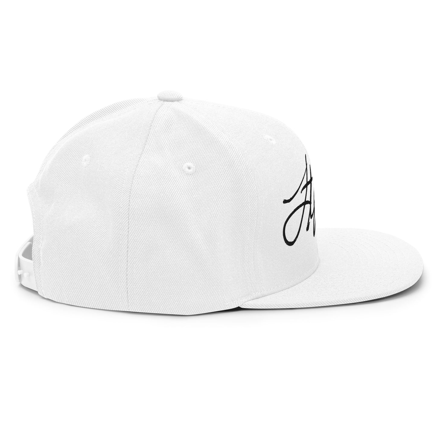 A white structured snapback cap with a black embroidered script logo on the front, shown against a plain white background. Stephen Allen Music