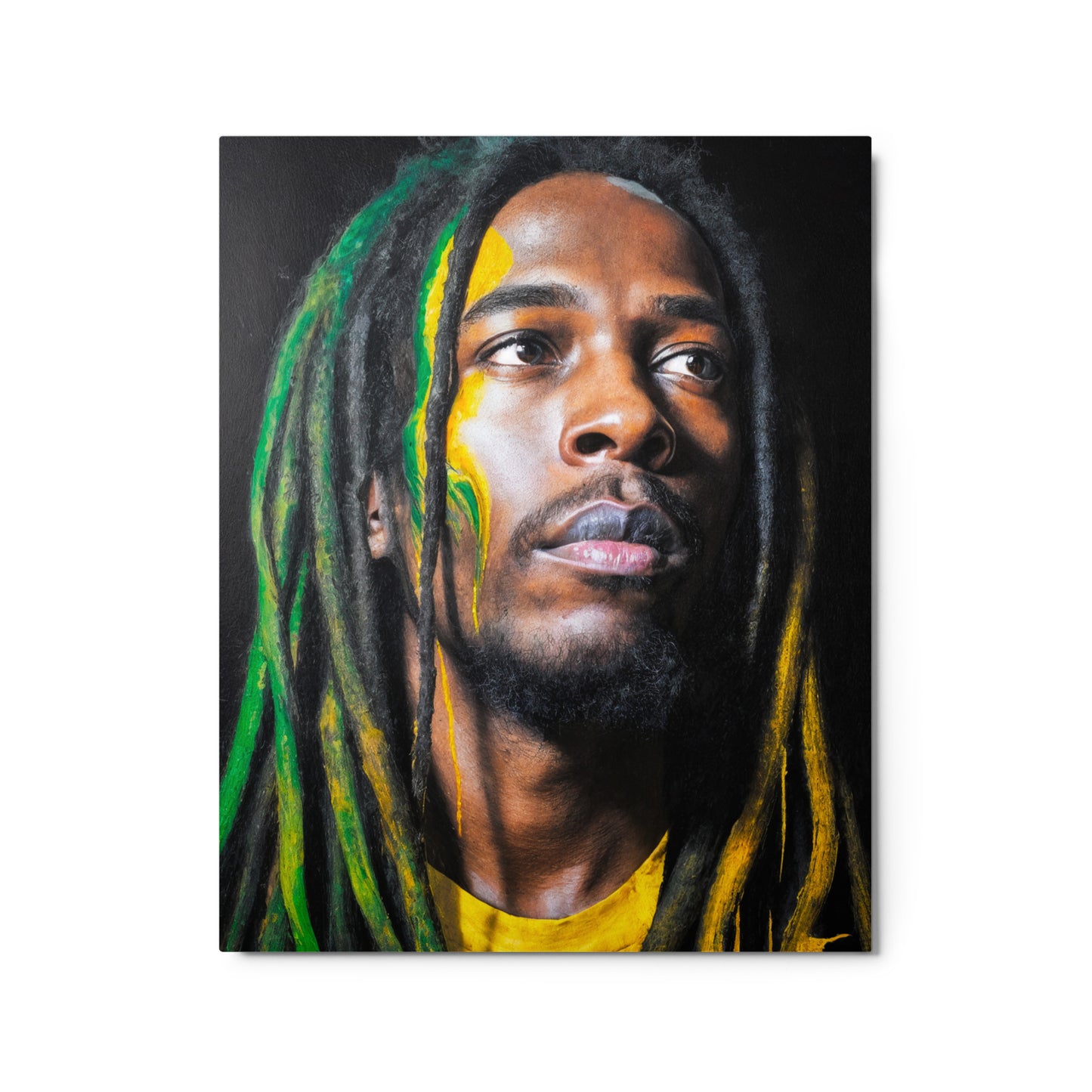 Art print of a person with green and yellow dreadlocks on a black background Stephen Allen Music