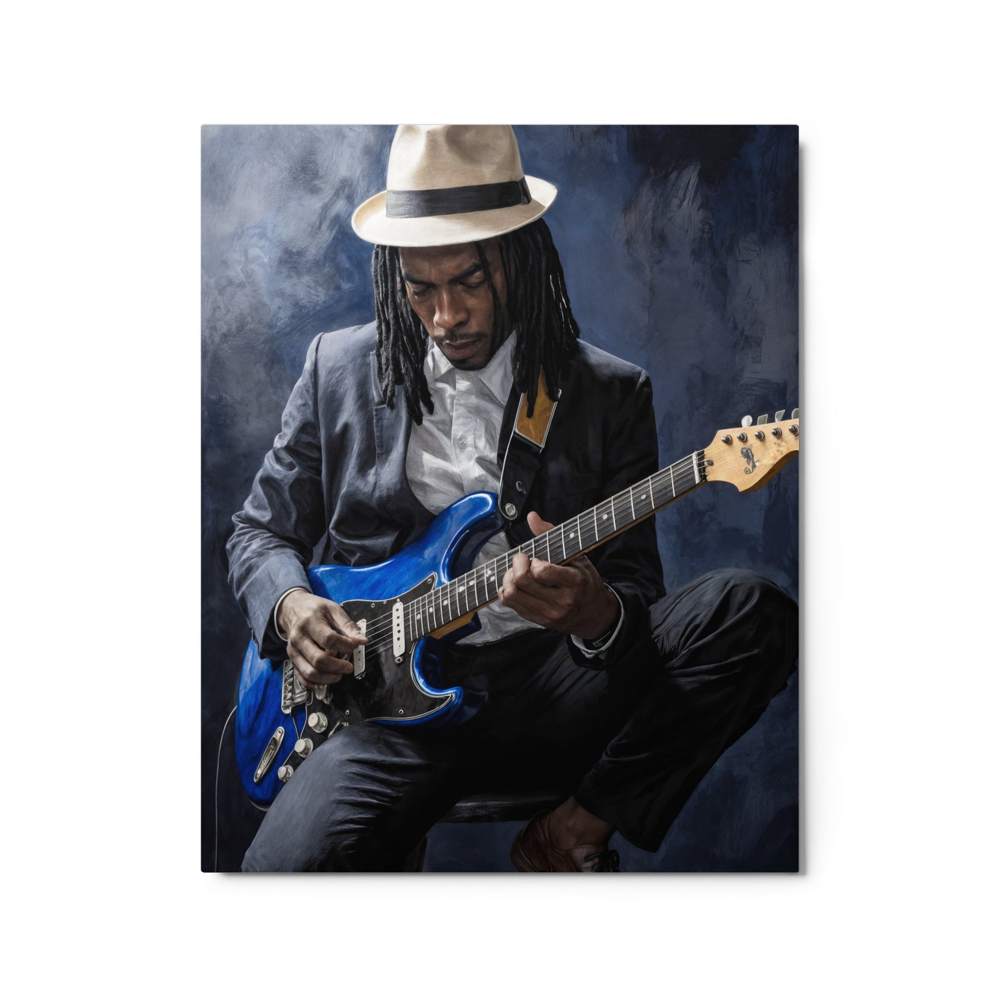 Person playing a blue electric guitar with a dark background Stephen Allen Music