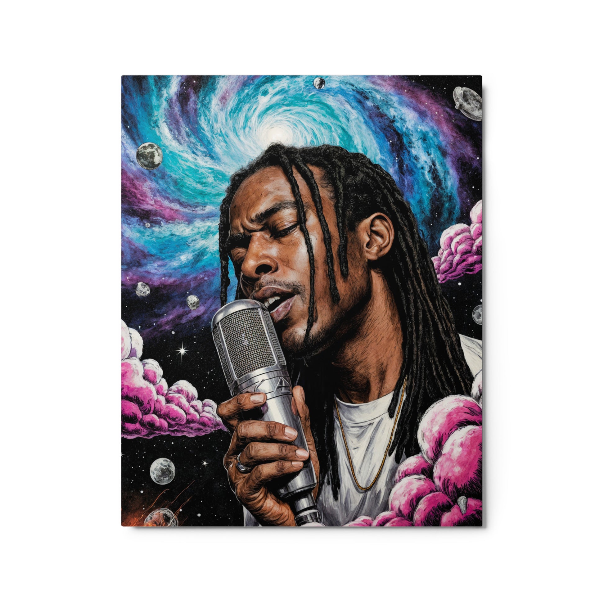 Artistic depiction of a person holding a microphone with a cosmic background Stephen Allen Music