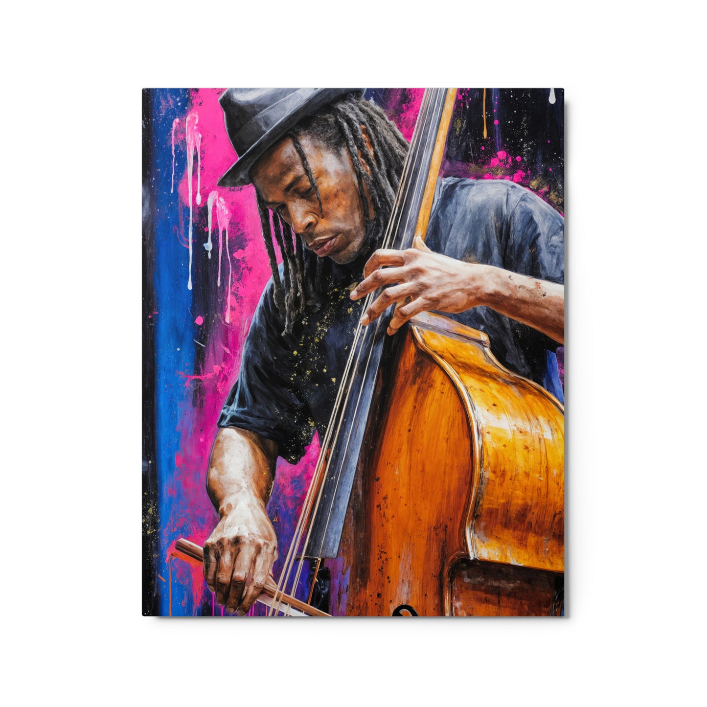 Artistic depiction of a musician playing a double bass with a colorful abstract background Stephen Allen Music