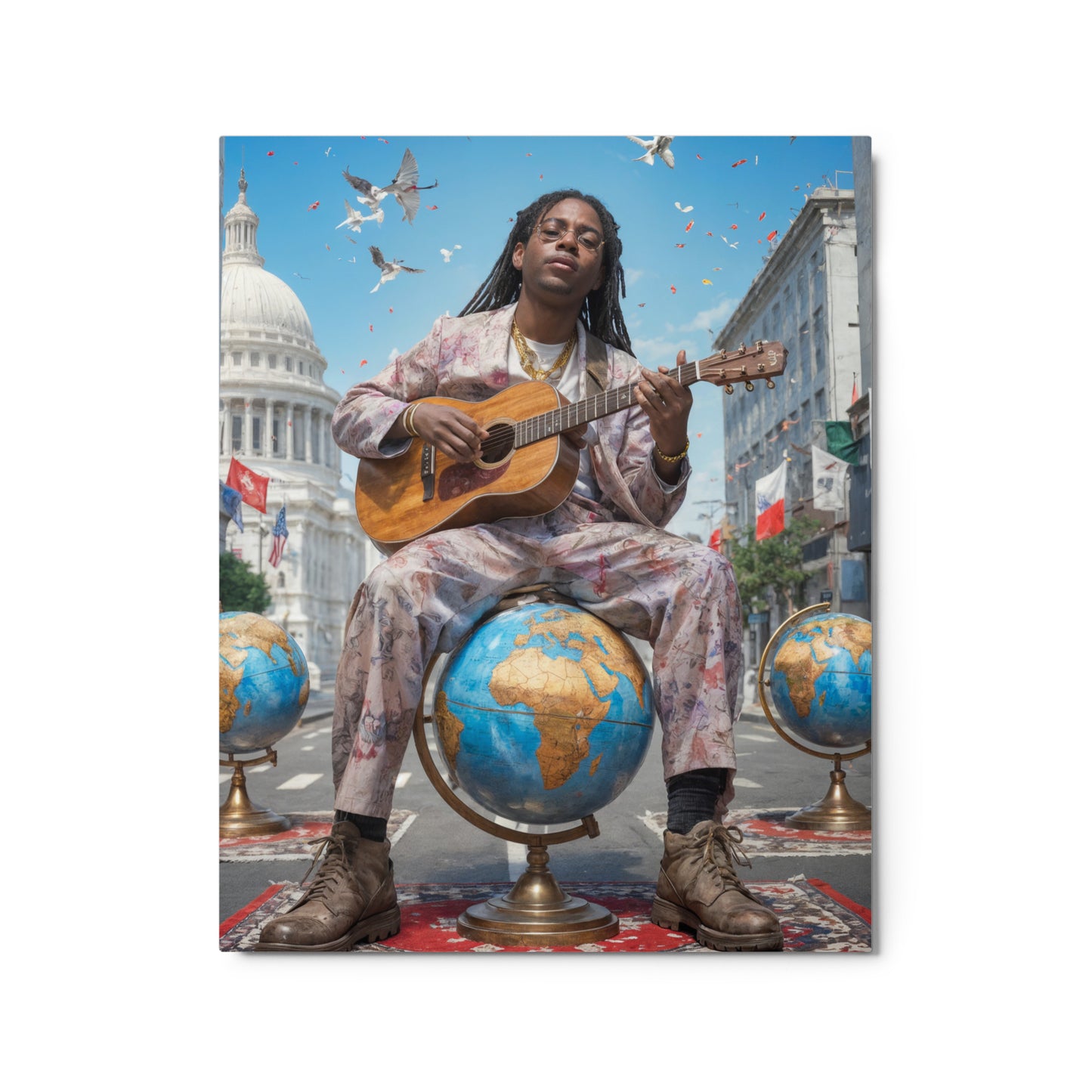 Person playing guitar on a globe with cityscape background Stephen Allen Music