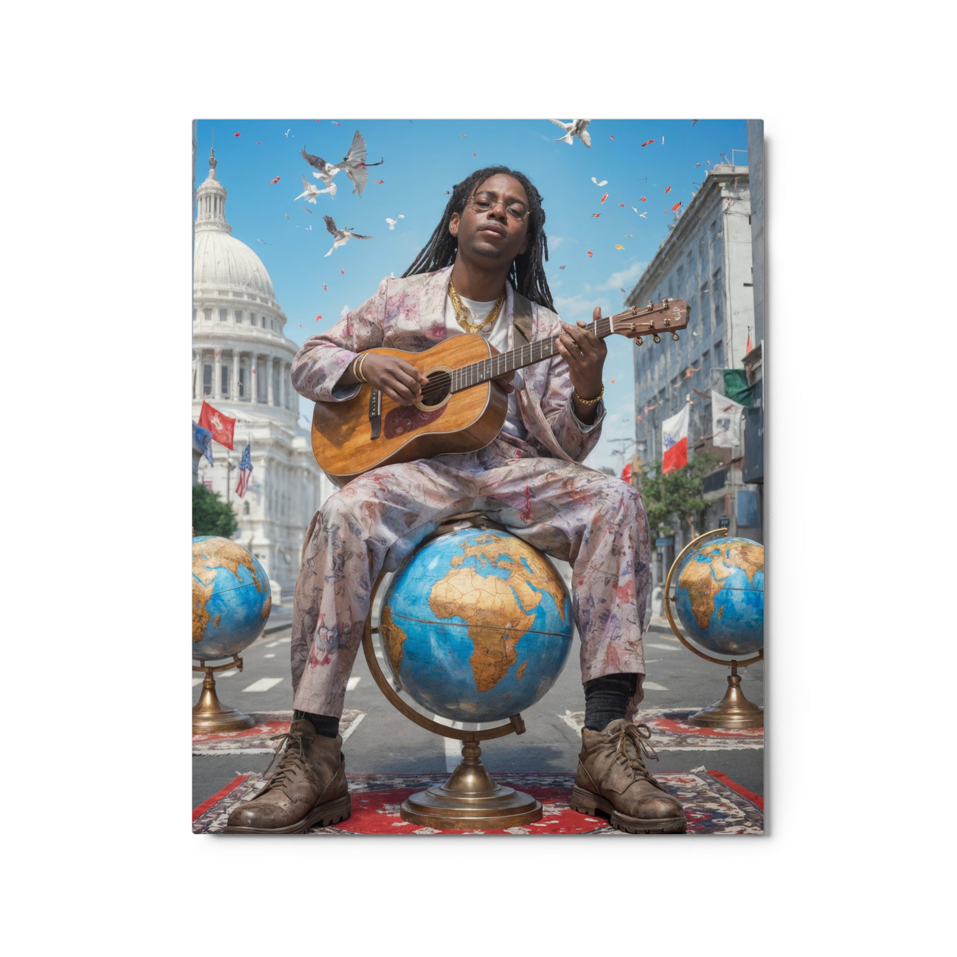 Person playing guitar on a globe with cityscape background Stephen Allen Music