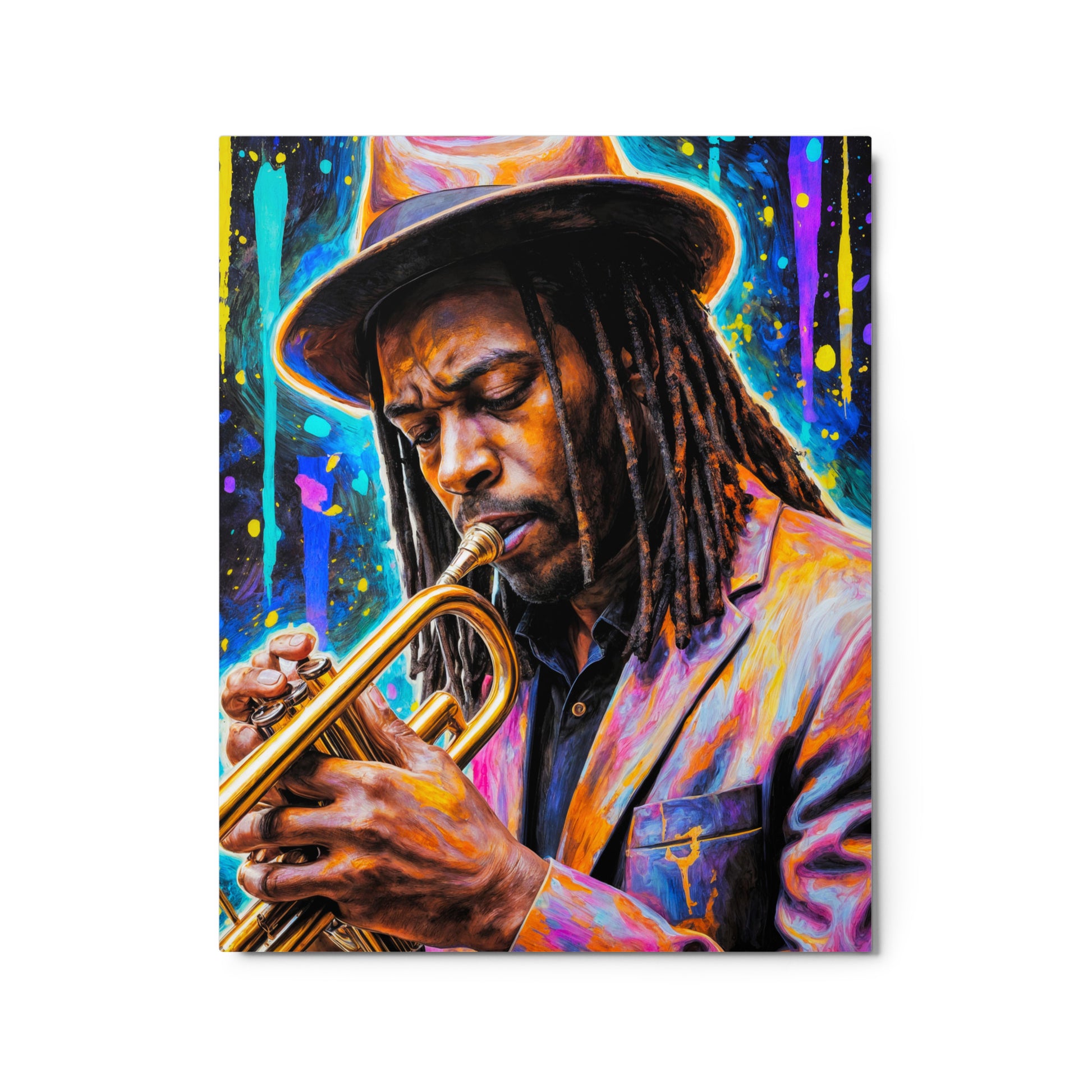 Colorful painting of a musician playing a trumpet with a vibrant background Stephen Allen Music