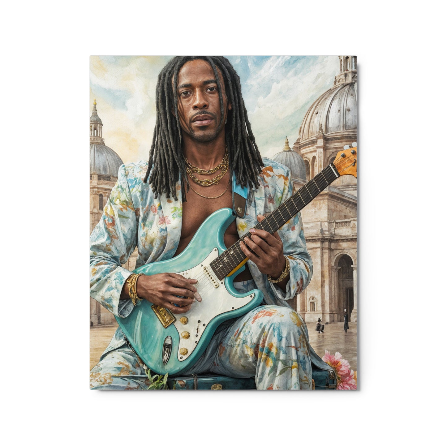 Man playing a guitar in an ornate outfit with a cityscape background Stephen Allen Music