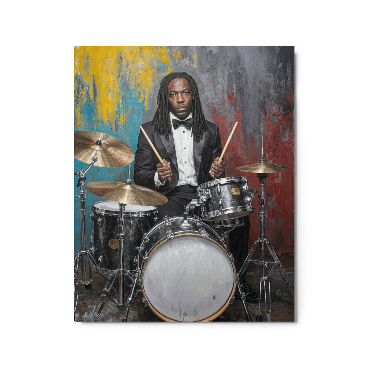 Painting of a drummer with a colorful abstract background Stephen Allen Music