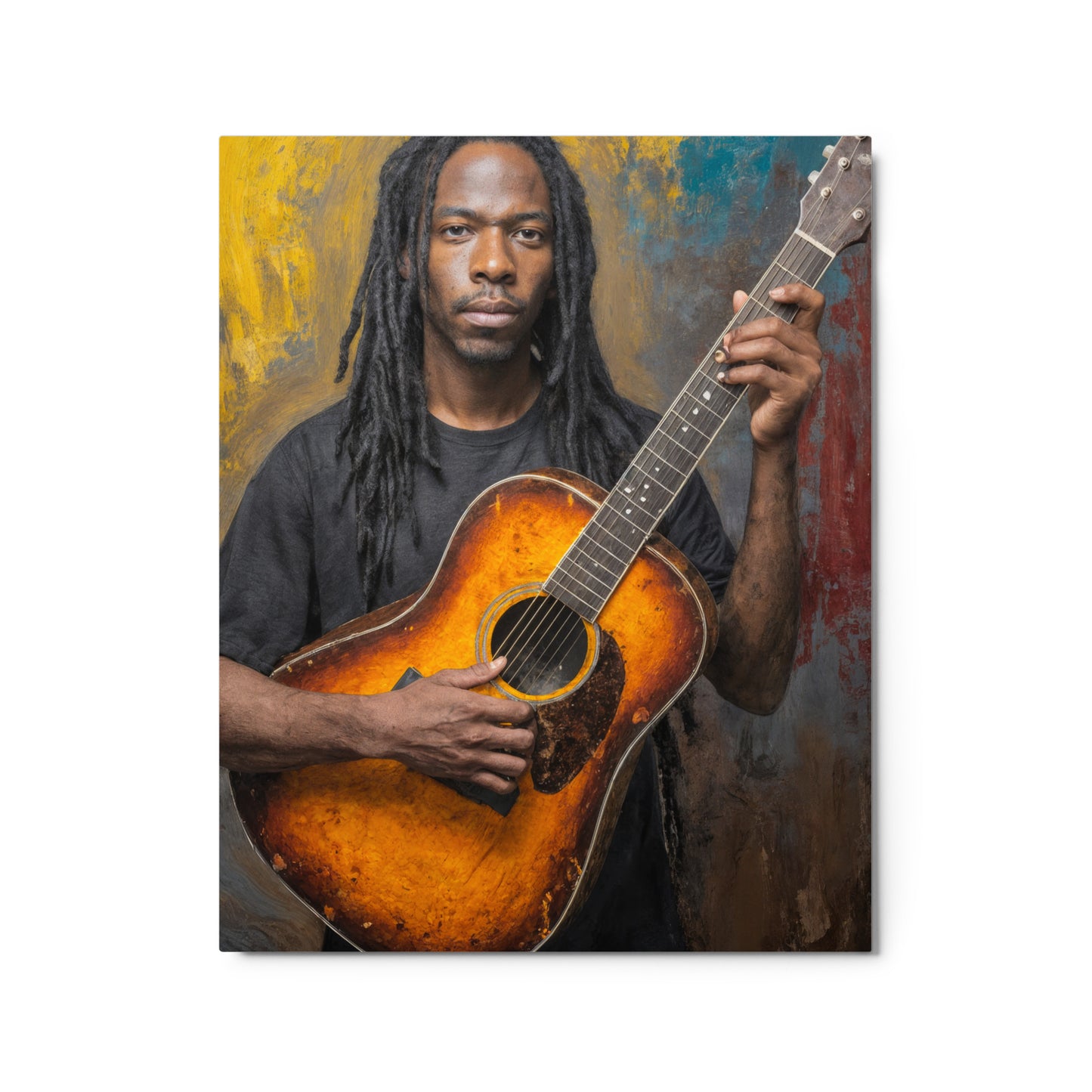 Man holding a guitar with a colorful abstract background Stephen Allen Music