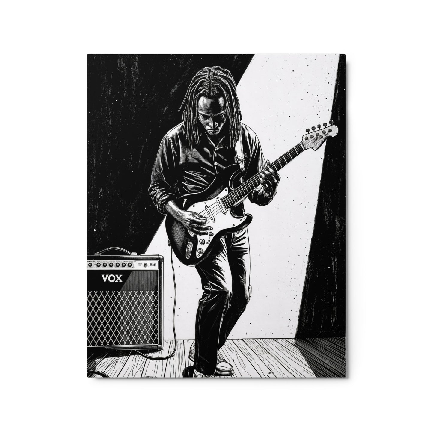 Black and white illustration of a guitarist with a Vox amplifier on a white background Stephen Allen Music