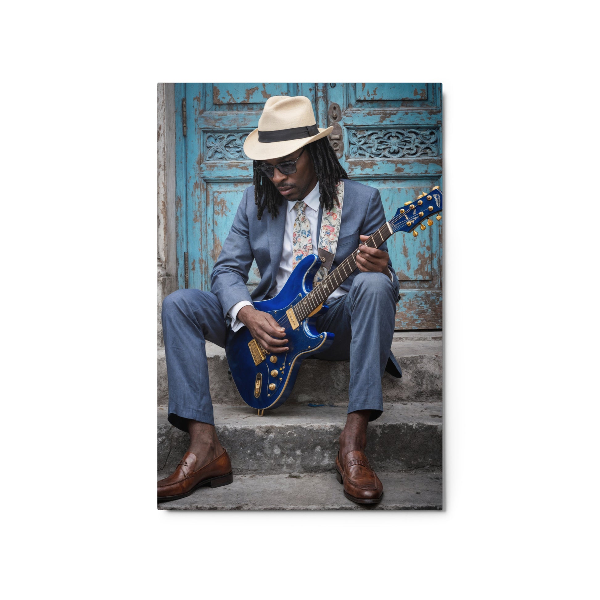 Man playing a blue electric guitar against a rustic wooden door background Stephen Allen Music