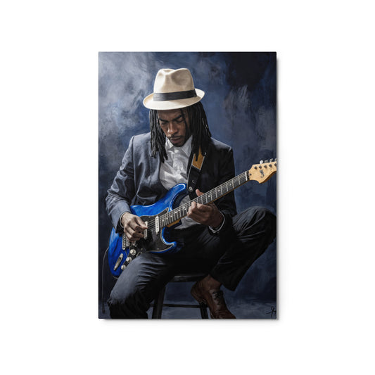 Man playing a blue electric guitar with a dark background Stephen Allen Music