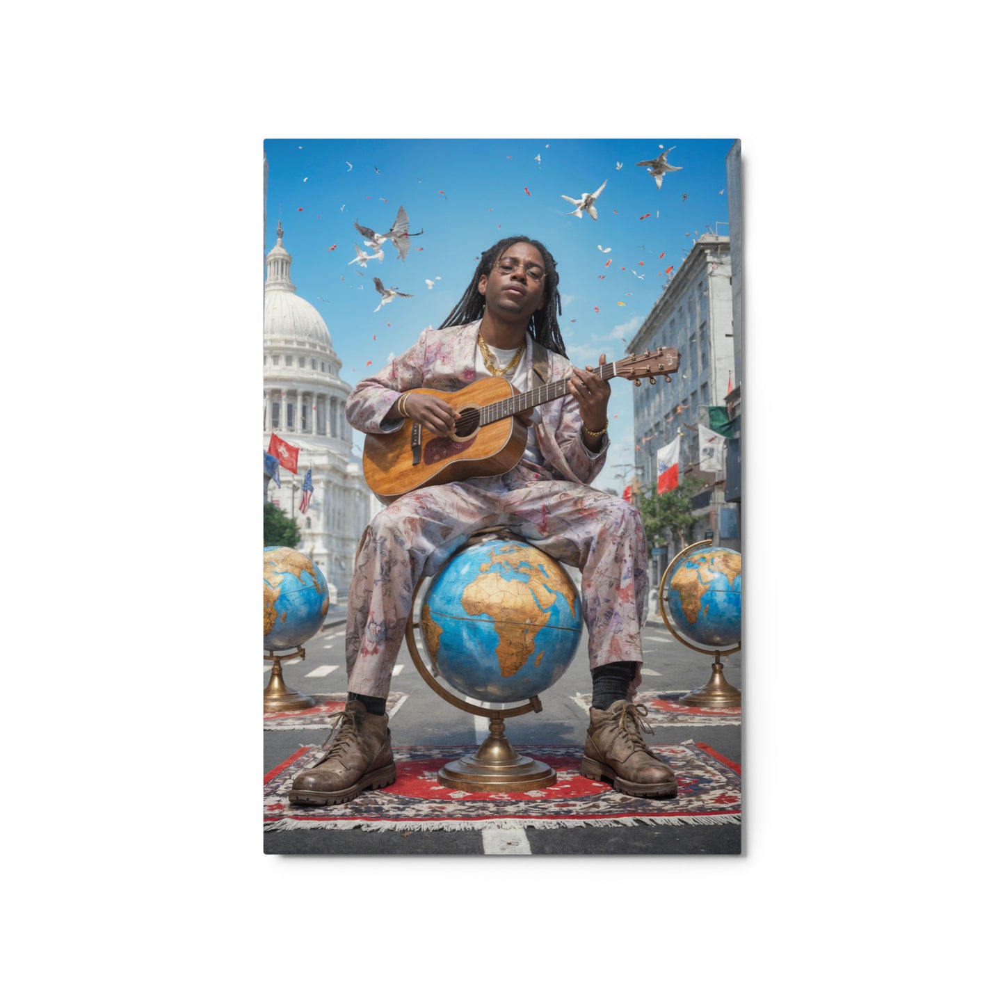 Person playing guitar on a globe with cityscape background Stephen Allen Music
