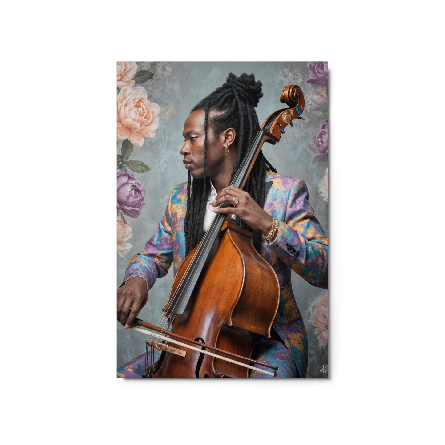 Person playing a cello with a floral background Stephen Allen Music