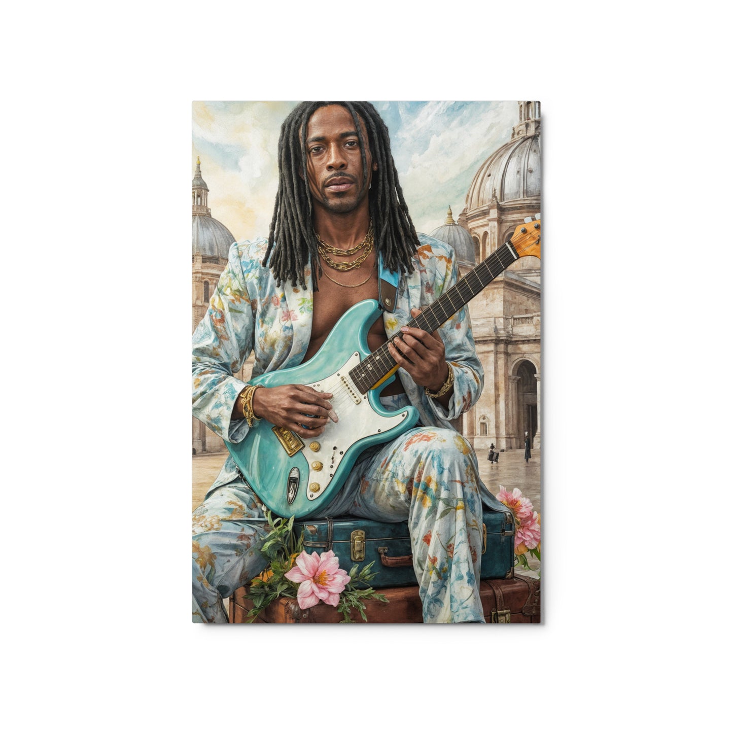 Man playing a guitar in a decorative setting with flowers and a suitcase.Stephen Allen Music