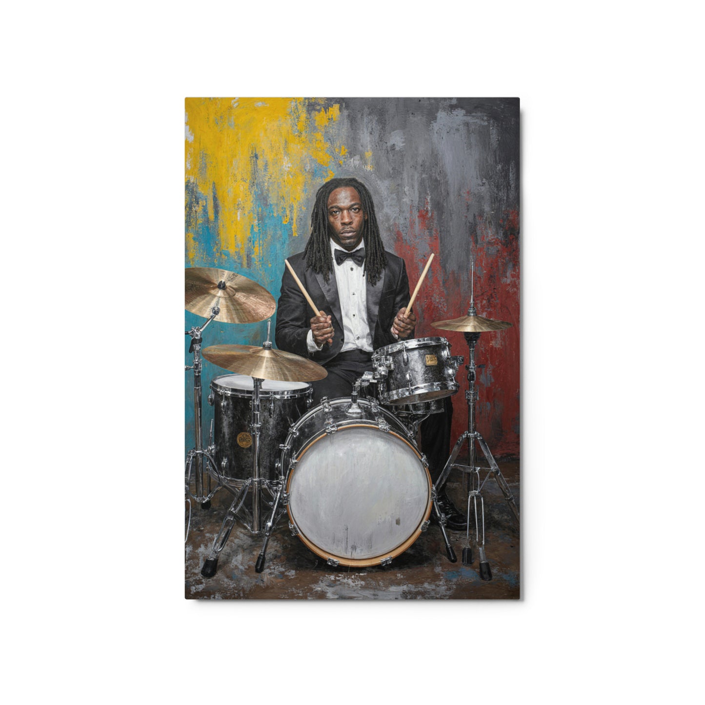 Painting of a drummer playing drums with a colorful abstract background Stephen Allen Music