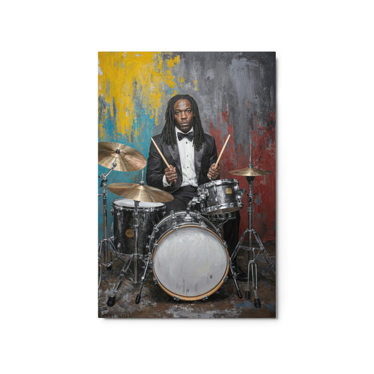 Painting of a drummer playing drums with a colorful abstract background Stephen Allen Music