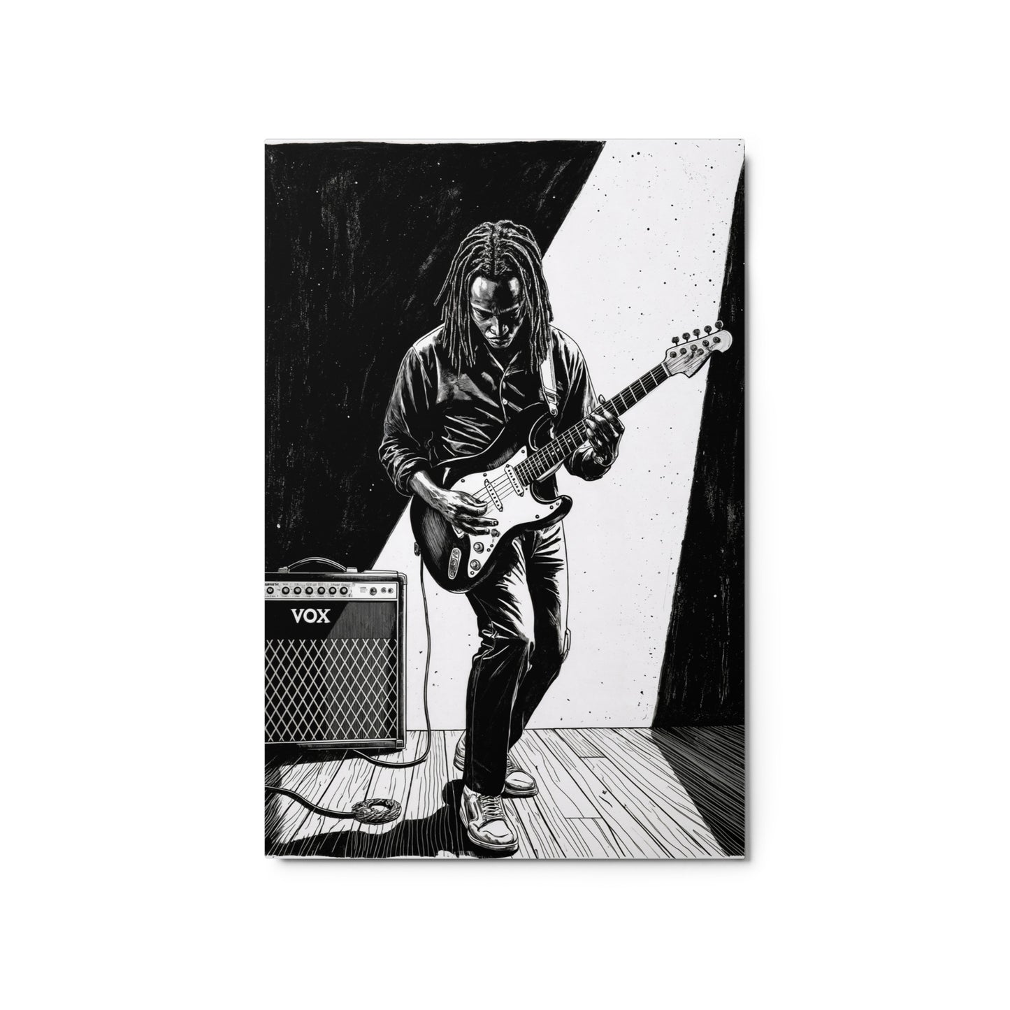 Black and white illustration of a person playing guitar with a VOX amplifier in the background. Stephen Allen Music
