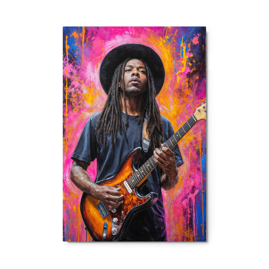 Painting of a musician playing an electric guitar with a vibrant, abstract background. Stephen Allen Music
