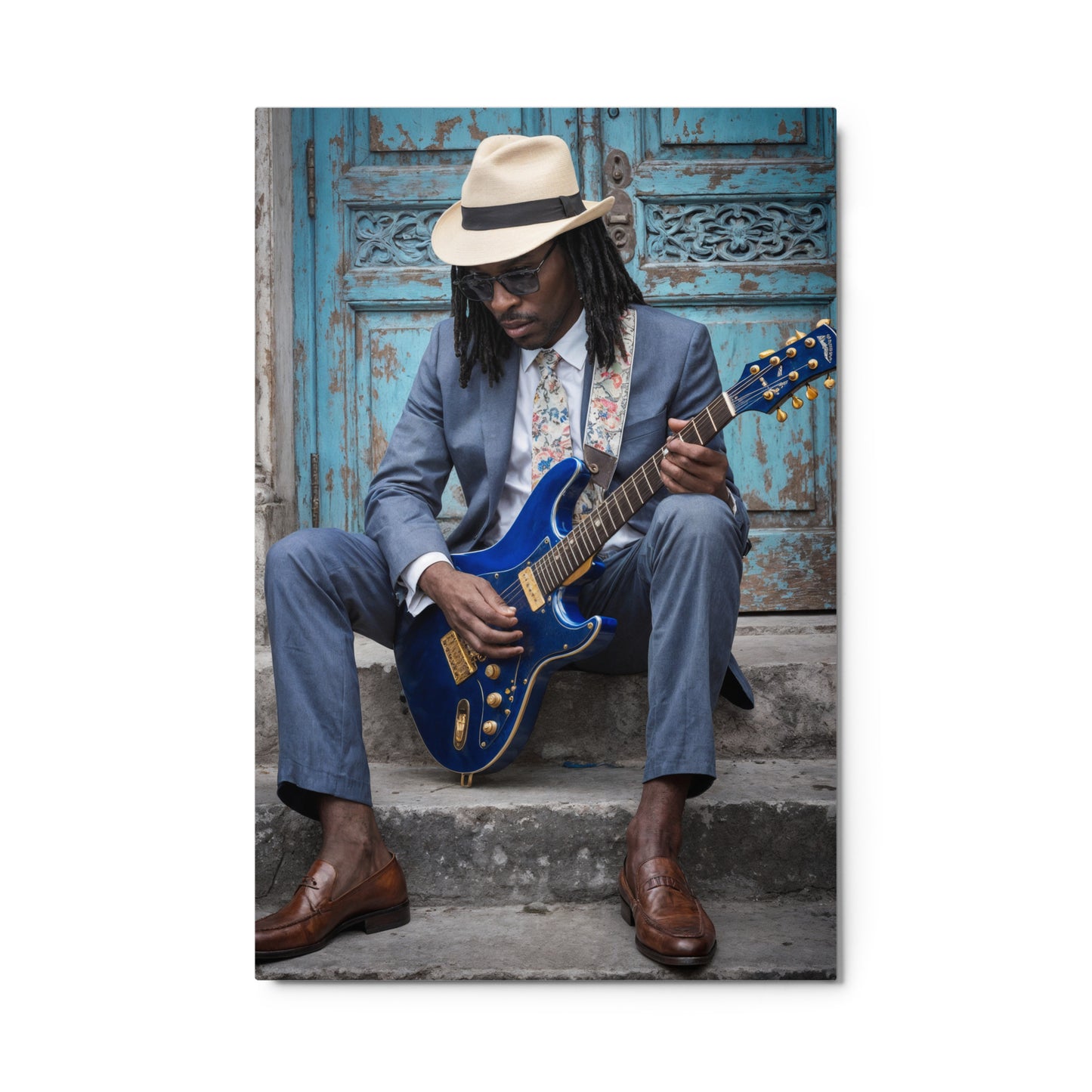 Man playing a blue electric guitar against a rustic wooden door background Stephen Allen Music
