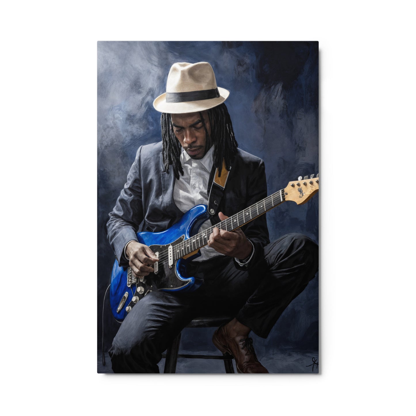 Man playing a blue electric guitar with a dark background Stephen Allen Music