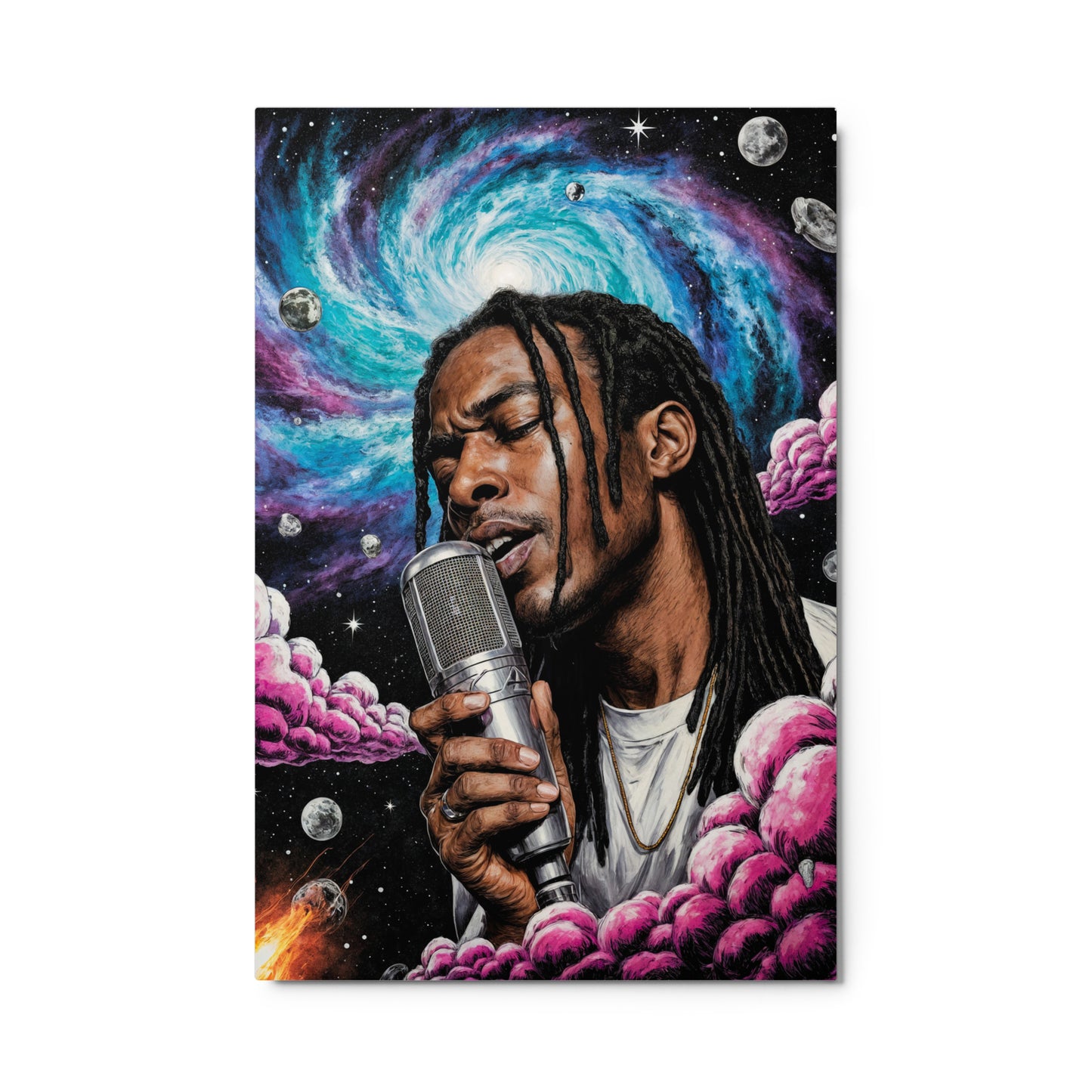 Illustration of a person holding a microphone with a cosmic background featuring stars and clouds. Stephen Allen Music