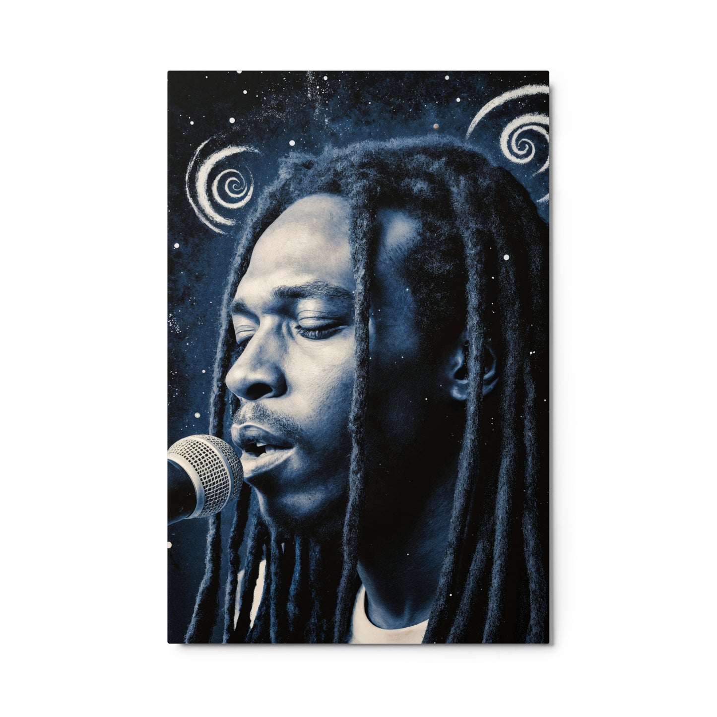 Person with dreadlocks singing into a microphone against a cosmic background Stephen Allen Music