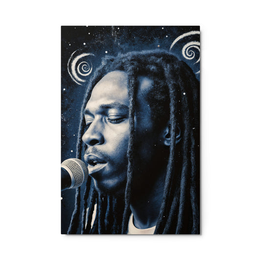 Person with dreadlocks singing into a microphone against a cosmic background Stephen Allen Music