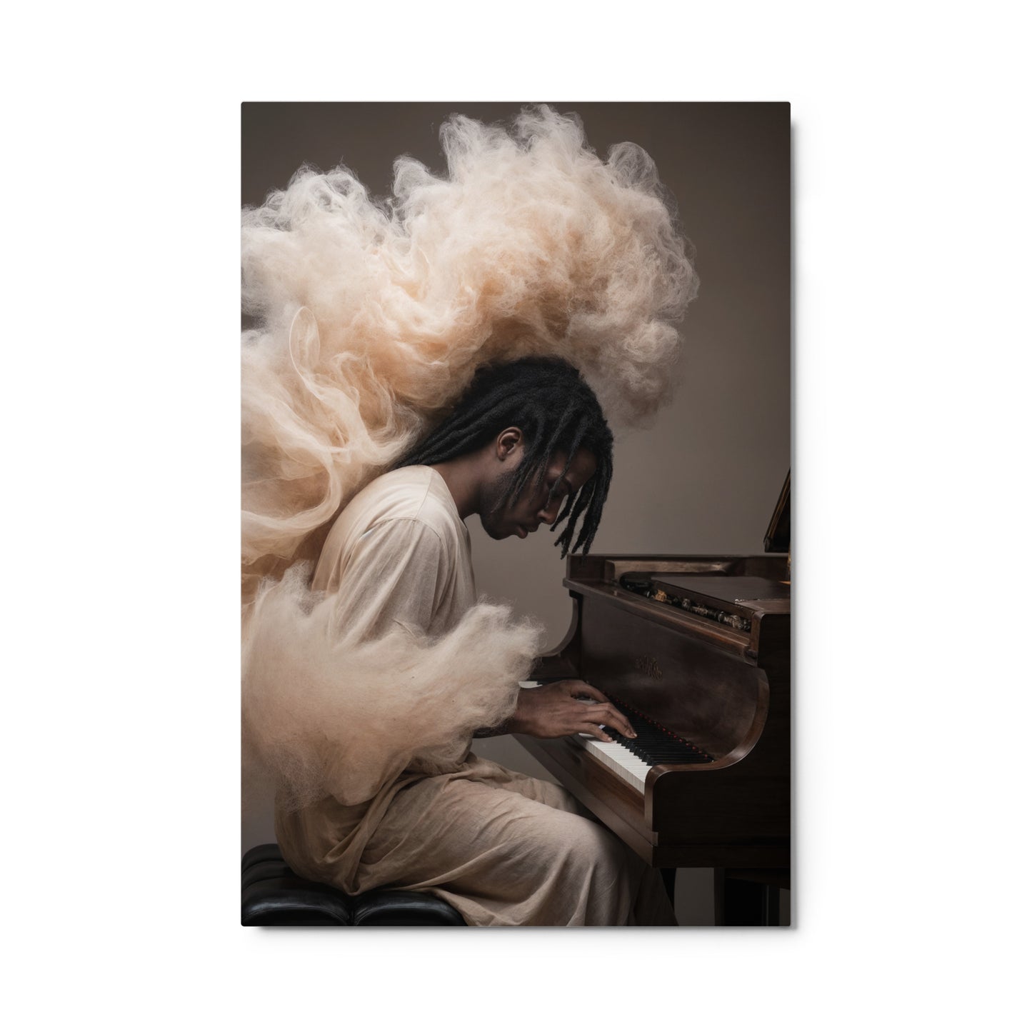 Person playing a piano with voluminous hair and a white garment. Stephen Allen Music