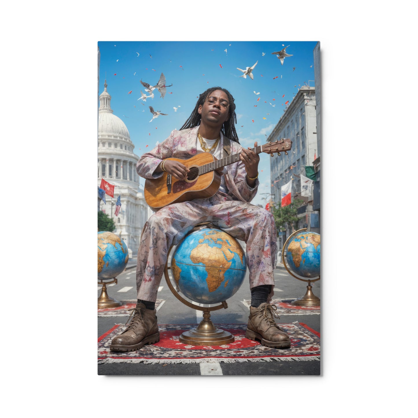 Person playing guitar on a globe with a cityscape background Stephen Allen Music