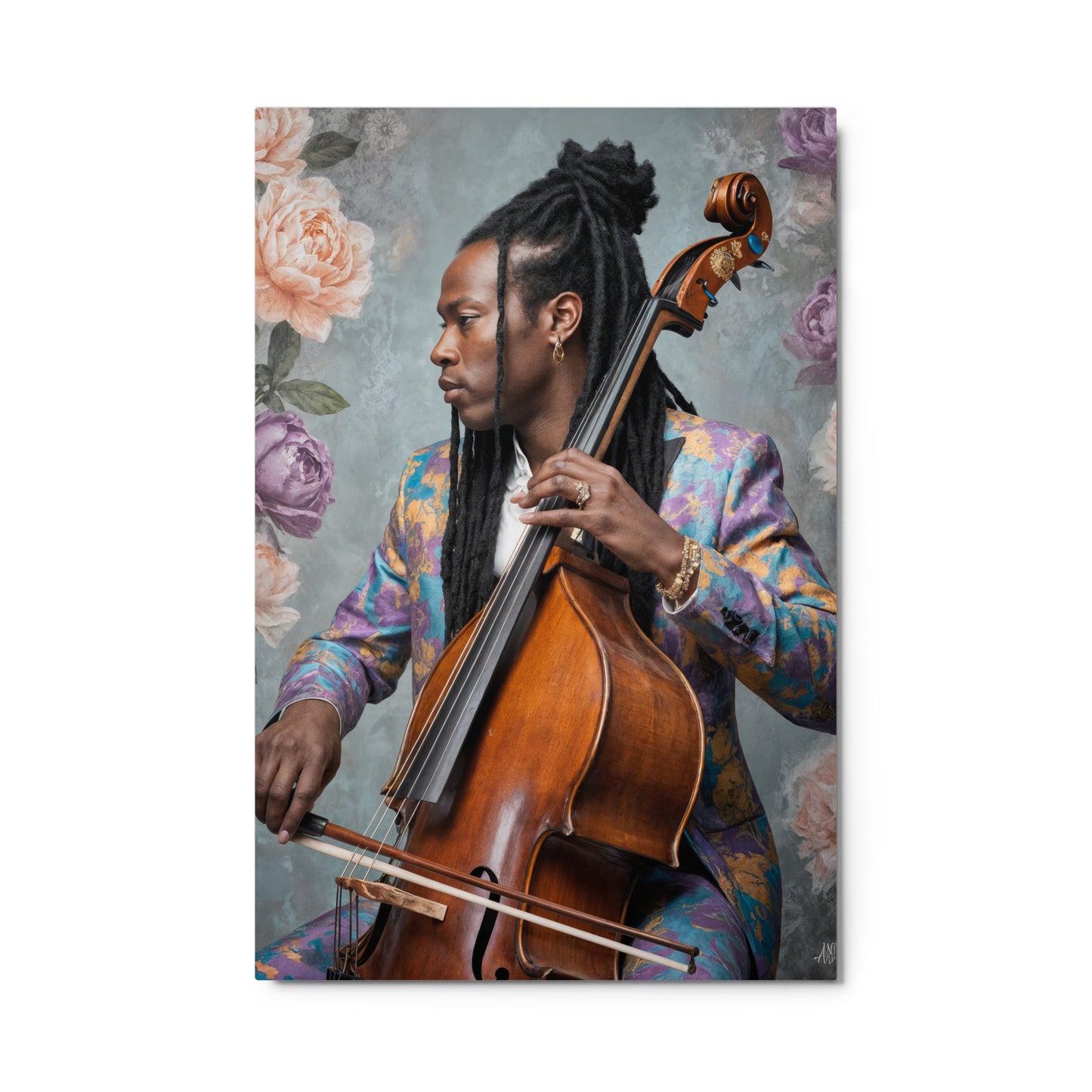 Person playing a cello with a floral background Stephen Allen Music