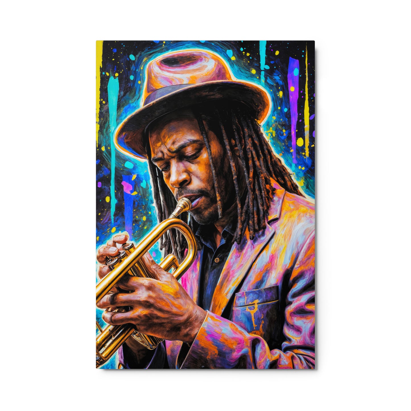 Colorful painting of a musician playing a trumpet with a vibrant background Stephen Allen Music
