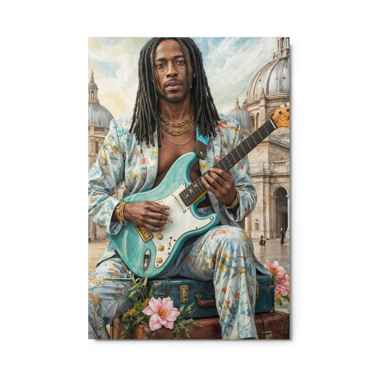 Man playing a teal electric guitar with a cityscape background Stephen Allen Music