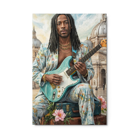 Man playing a teal electric guitar with a cityscape background Stephen Allen Music