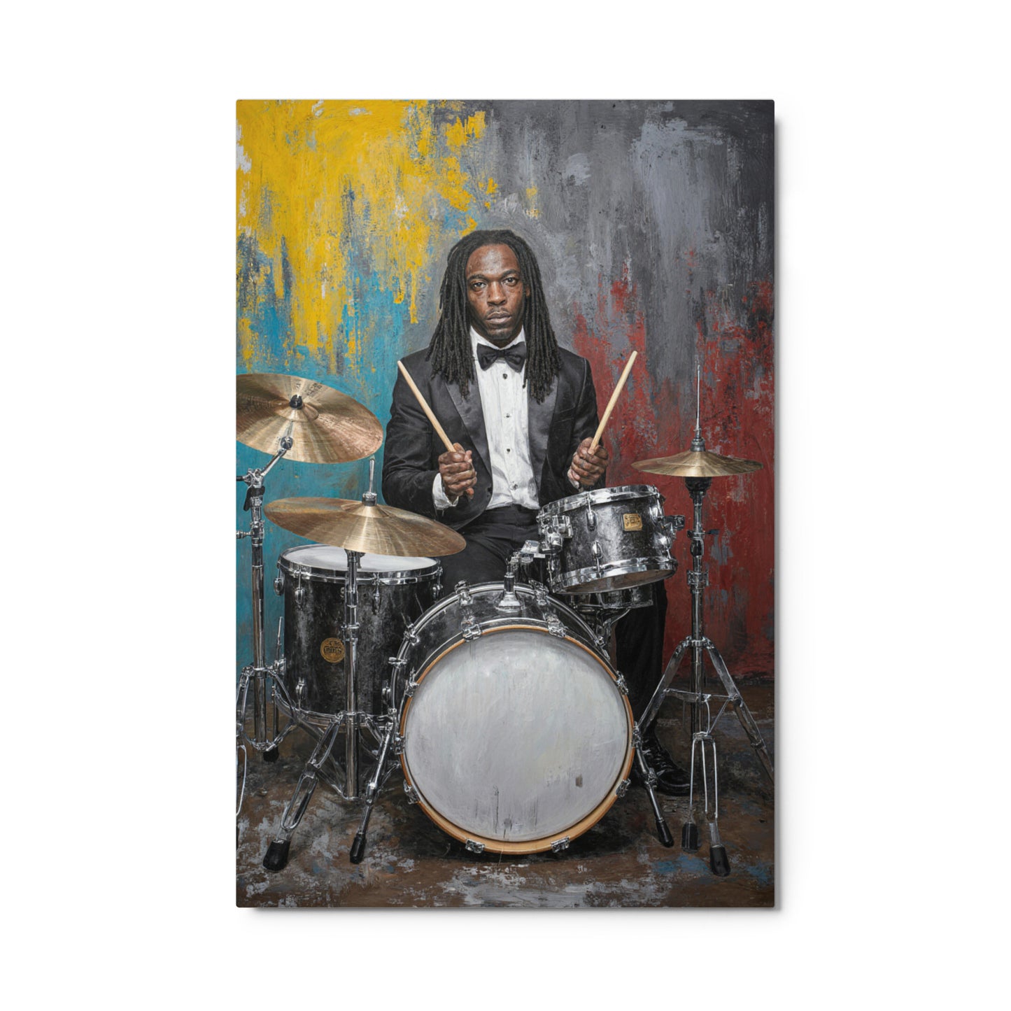 Painting of a drummer in a suit with a colorful abstract background Stephen Allen Music