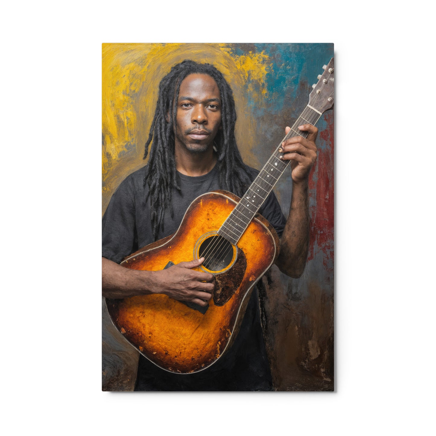 Man holding a guitar against a colorful abstract background Stephen Allen Music