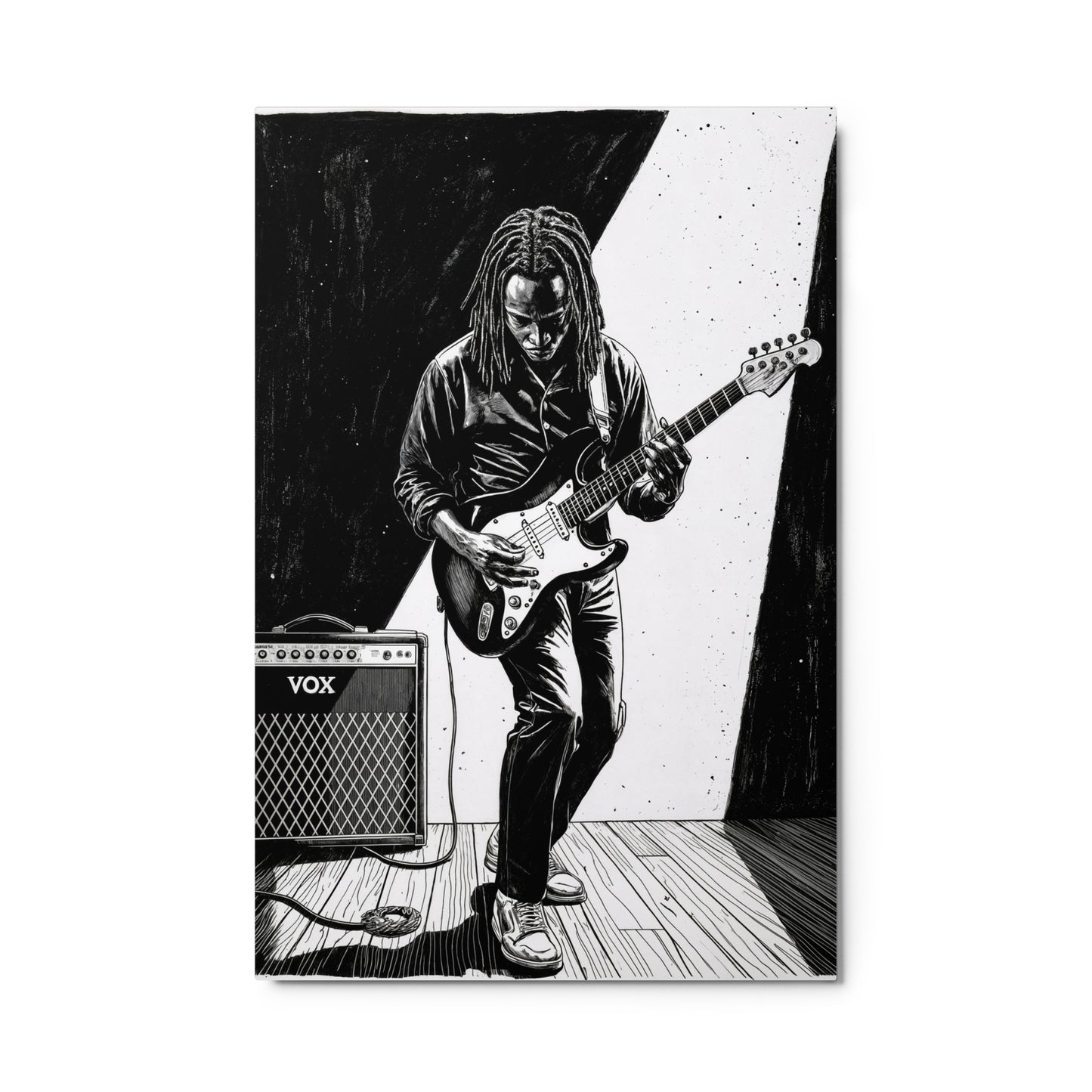 Illustration of a person playing guitar with a VOX amplifier on a white background Stephen Allen Music