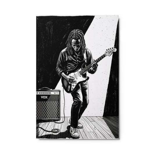 Illustration of a person playing guitar with a VOX amplifier on a white background Stephen Allen Music