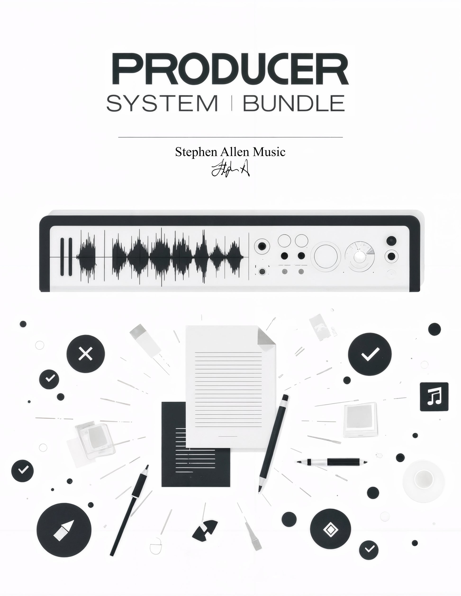 Promotional graphic for 'Producer System Bundle' by Stephen Allen Music with musical instruments and symbols on a white background.