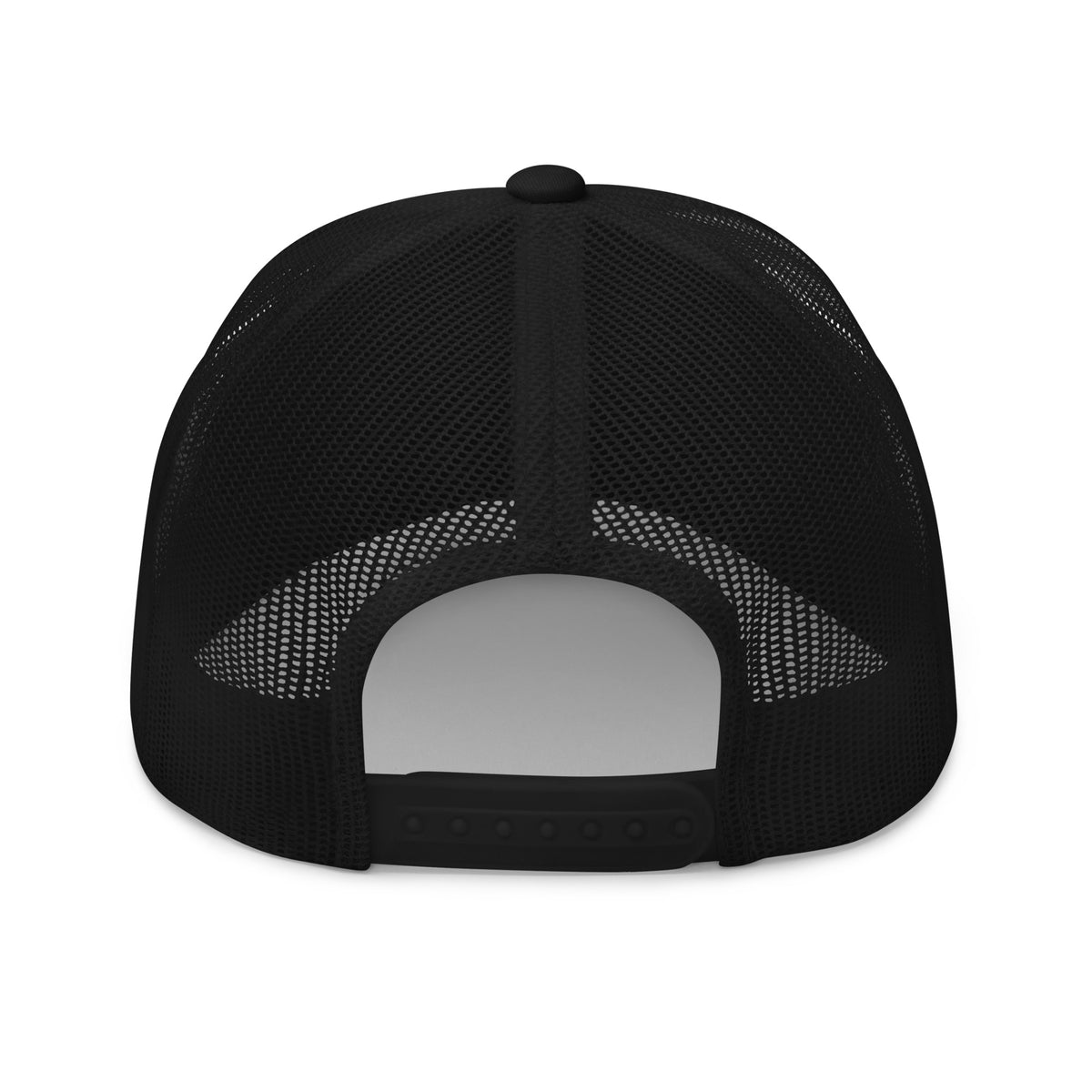 A black trucker-style cap with a curved brim and black mesh back panels, featuring a stylized embroidered script logo on the front in yellow, green, and red. Stephen Allen Music