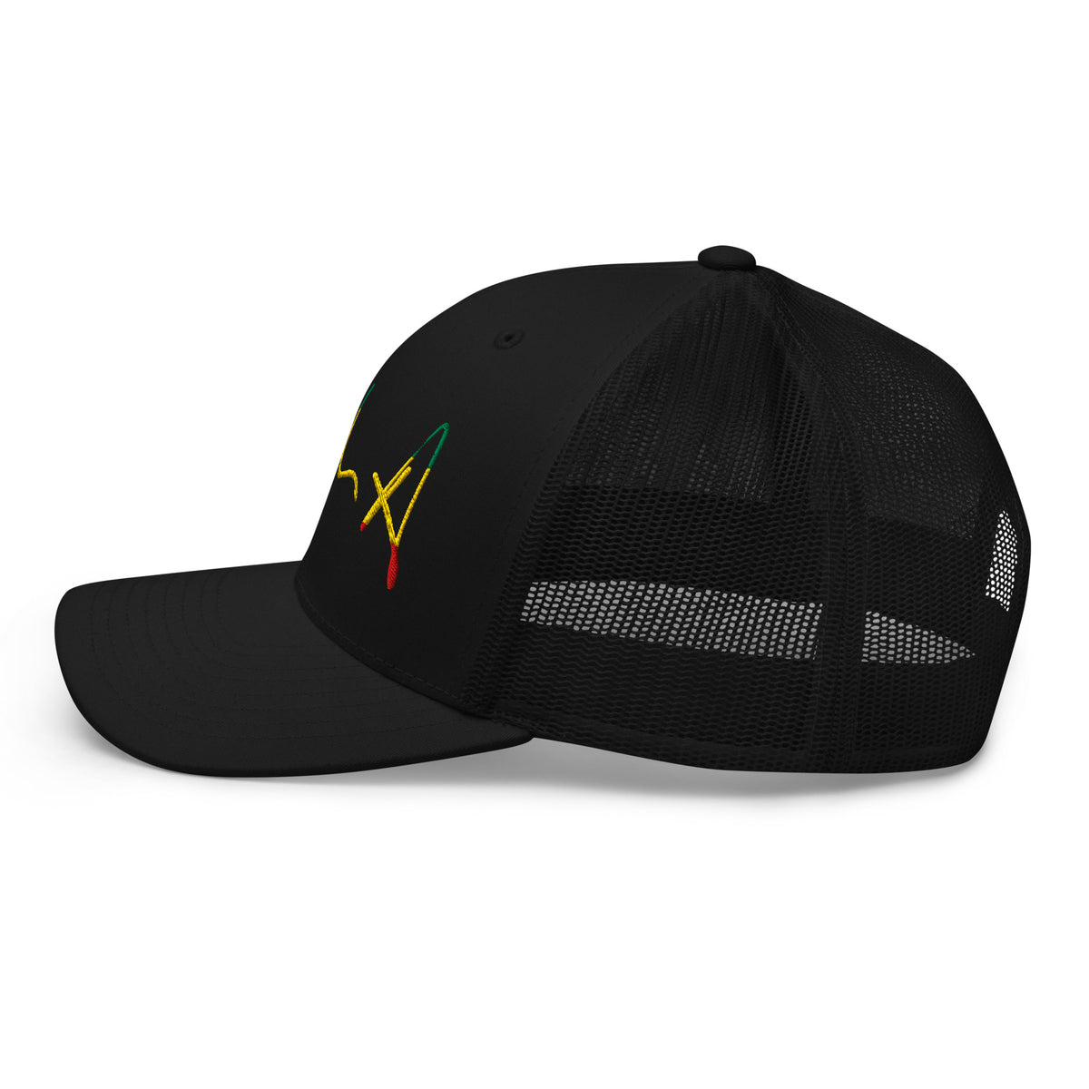 A black trucker-style cap with a curved brim and black mesh back panels, featuring a stylized embroidered script logo on the front in yellow, green, and red. Stephen Allen Music