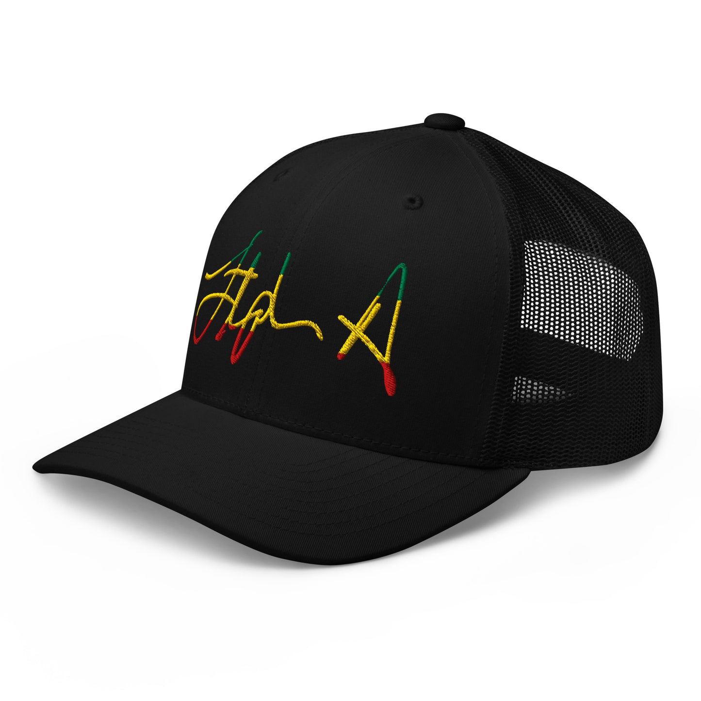 A black trucker-style cap with a curved brim and black mesh back panels, featuring a stylized embroidered script logo on the front in yellow, green, and red. Stephen Allen Music