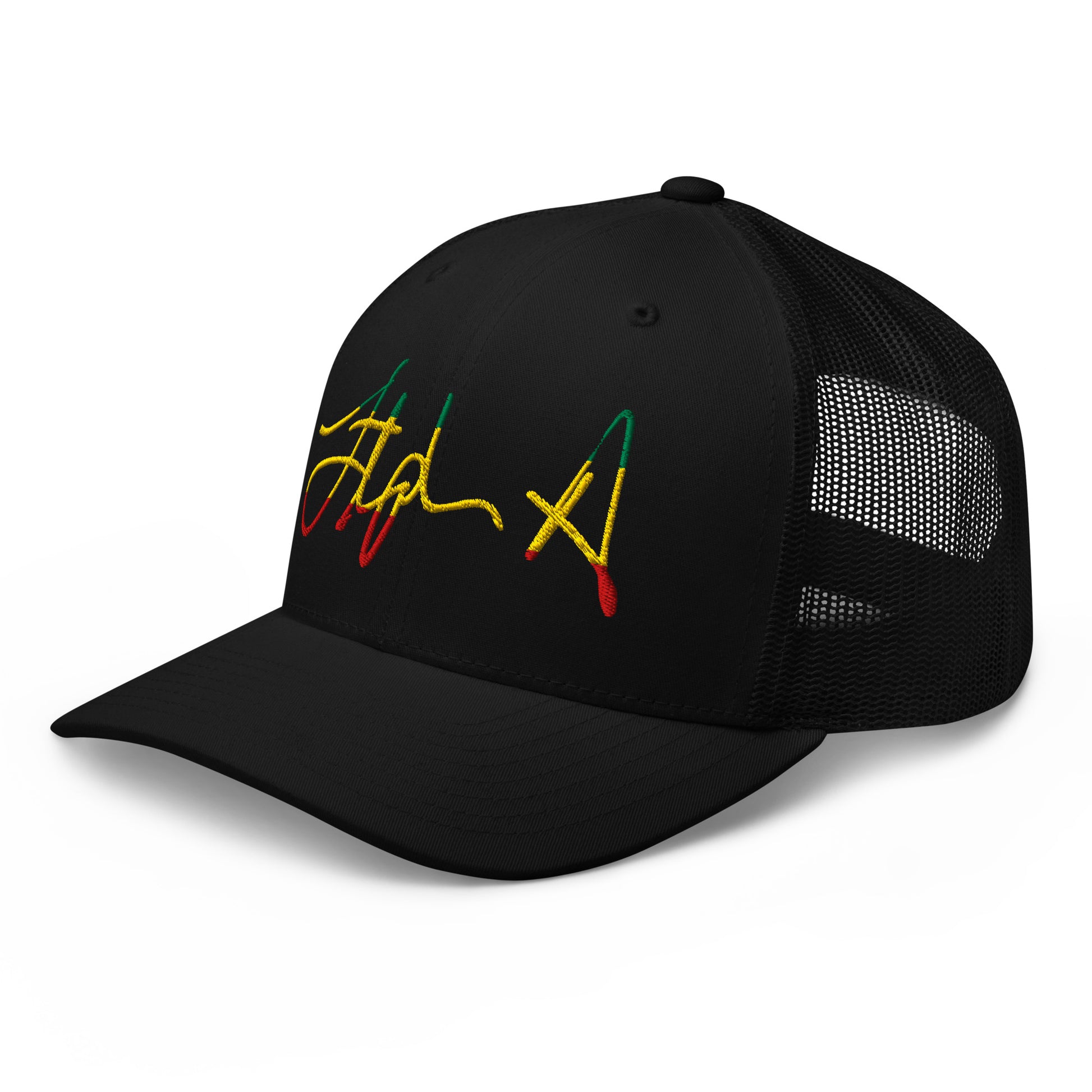 A black trucker-style cap with a curved brim and black mesh back panels, featuring a stylized embroidered script logo on the front in yellow, green, and red. Stephen Allen Music