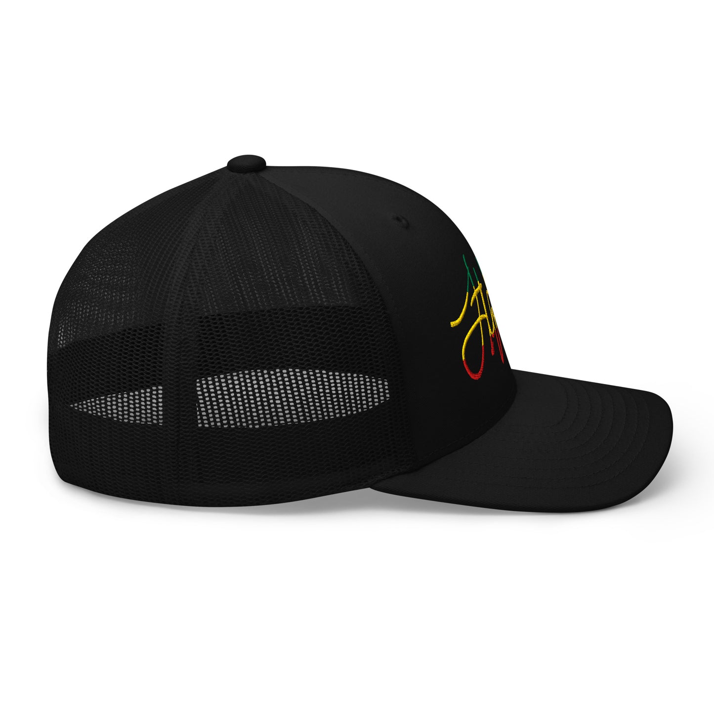 A black trucker-style cap with a curved brim and black mesh back panels, featuring a stylized embroidered script logo on the front in yellow, green, and red. Stephen Allen Music