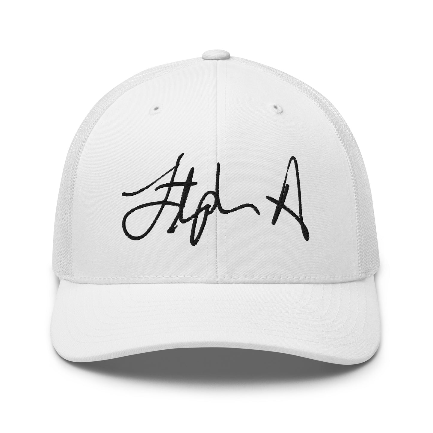 A white structured baseball cap with a curved brim and black script embroidery on the front, shown against a plain white background. Stephen Allen Music