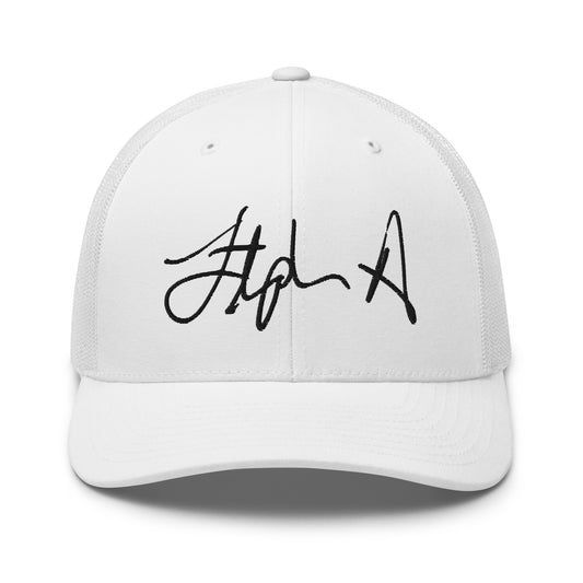 A white structured baseball cap with a curved brim and black script embroidery on the front, shown against a plain white background. Stephen Allen Music