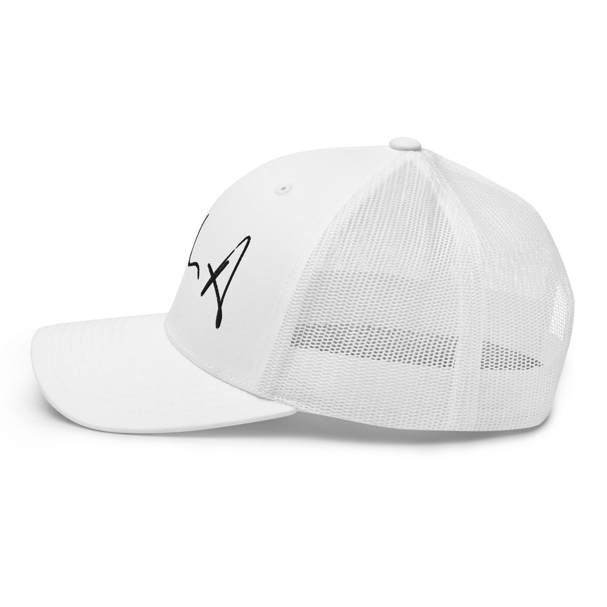 A white structured baseball cap with a curved brim and black script embroidery on the front, shown against a plain white background. Stephen Allen Music